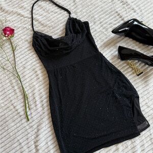 Black Halter Mini Dress with Rhinestone Details